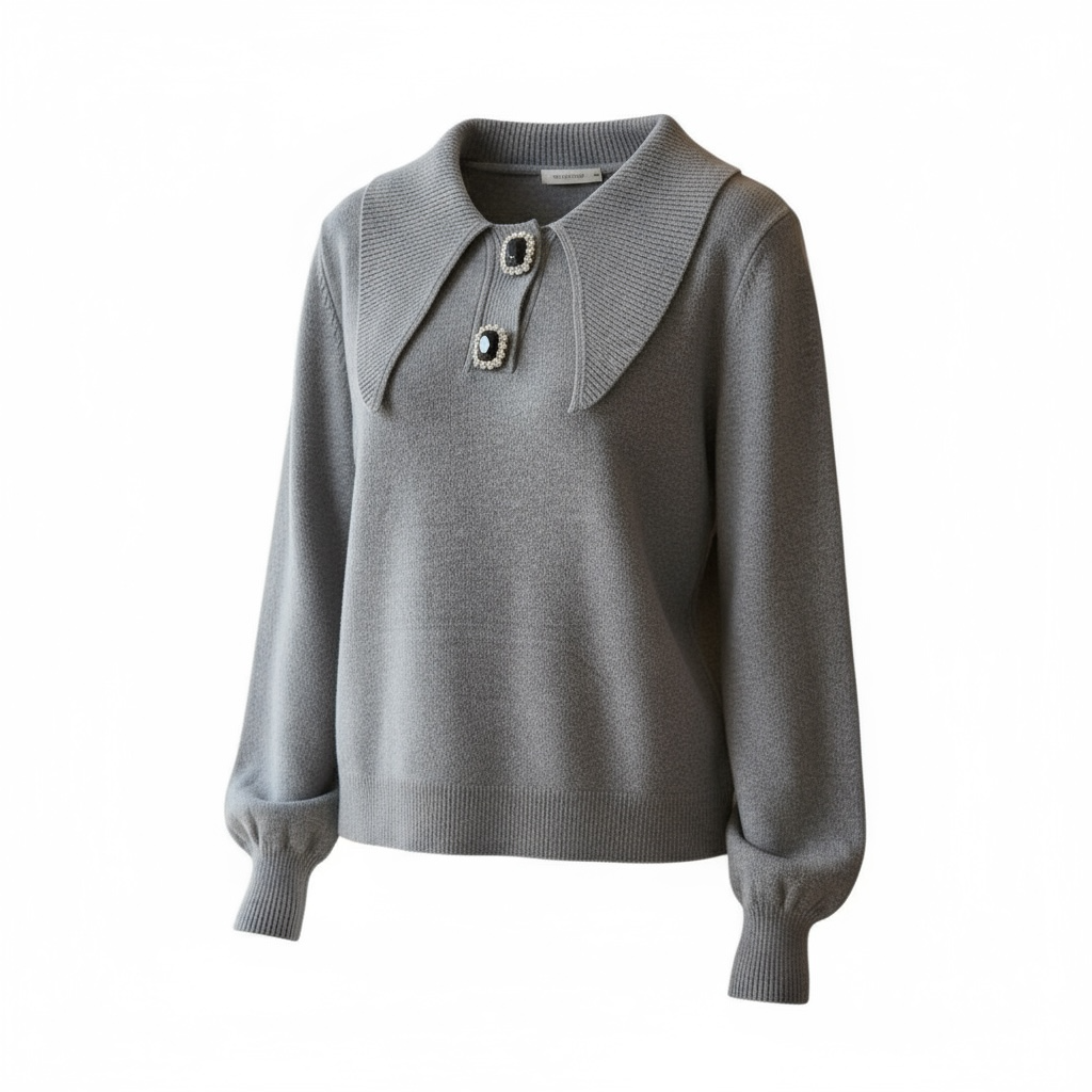 Elegant Knit Sweater with Statement Collar and Jewel Accents Made In Italy