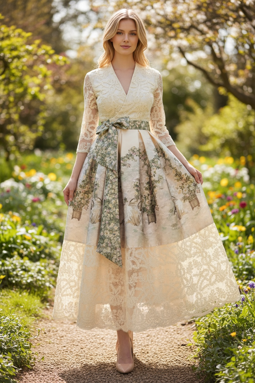 Behcetti Italia Vintage-Inspired Lace & Floral Print Midi Faux Wrap Dress with Sash