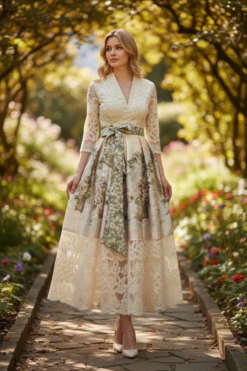 Behcetti Italia Vintage-Inspired Lace & Floral Print Midi Faux Wrap Dress with Sash