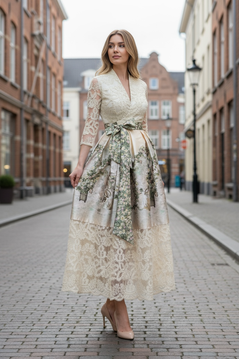 Behcetti Italia Vintage-Inspired Lace & Floral Print Midi Faux Wrap Dress with Sash