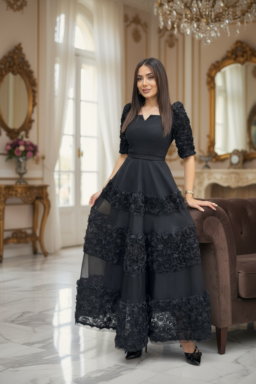 Behcetti Italia Elegant Black Tiered Evening Gown with Textured Floral Accents