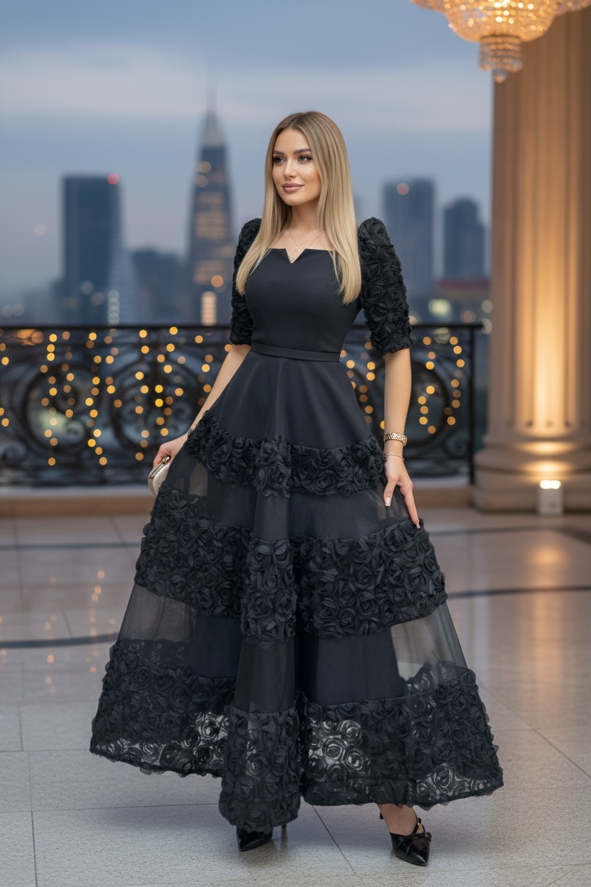 Behcetti Italia Elegant Black Tiered Evening Gown with Textured Floral Accents