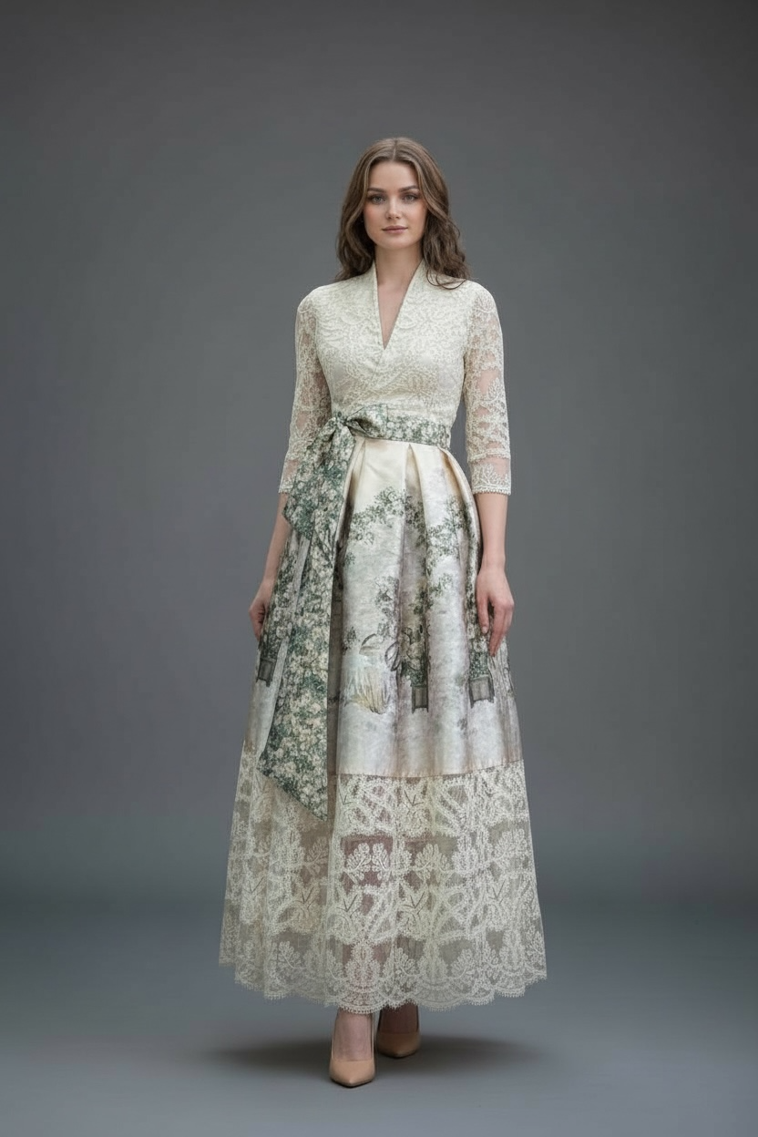 Behcetti Italia Vintage-Inspired Lace & Floral Print Midi Faux Wrap Dress with Sash