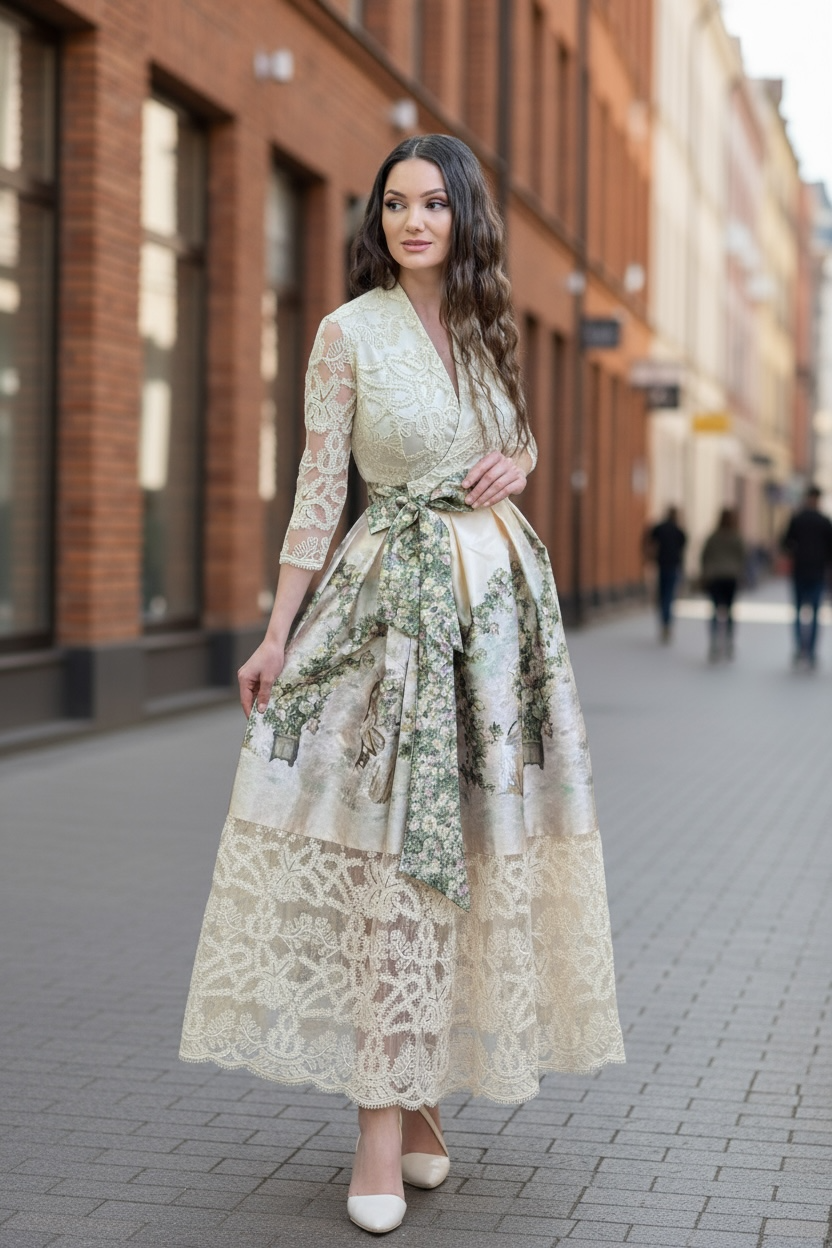 Behcetti Italia Vintage-Inspired Lace & Floral Print Midi Faux Wrap Dress with Sash