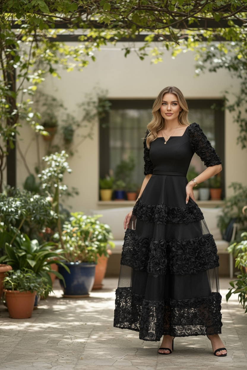 Behcetti Italia Elegant Black Tiered Evening Gown with Textured Floral Accents