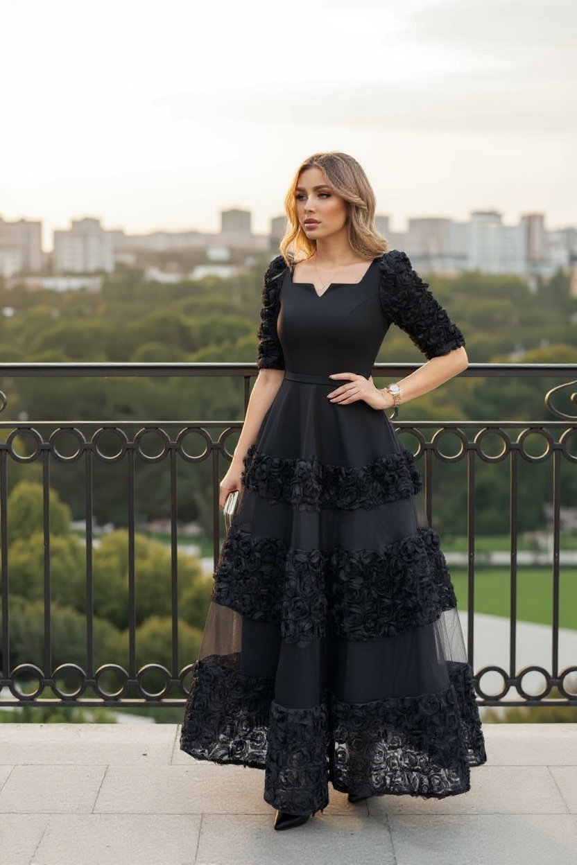 black evening gown, tiered formal dress, floral appliqué gown, elegant evening wear, gala dress