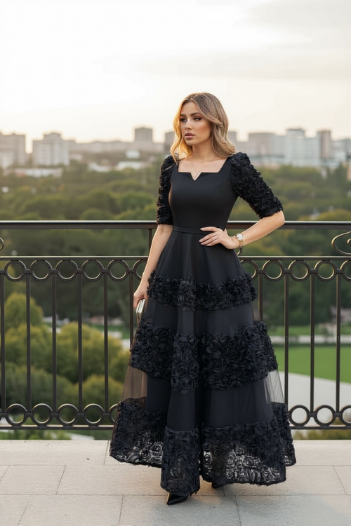 long tiered formal dress Long Ruffled Prom Dress with Lace-Up Back Dark Emerald / 4 main image 1