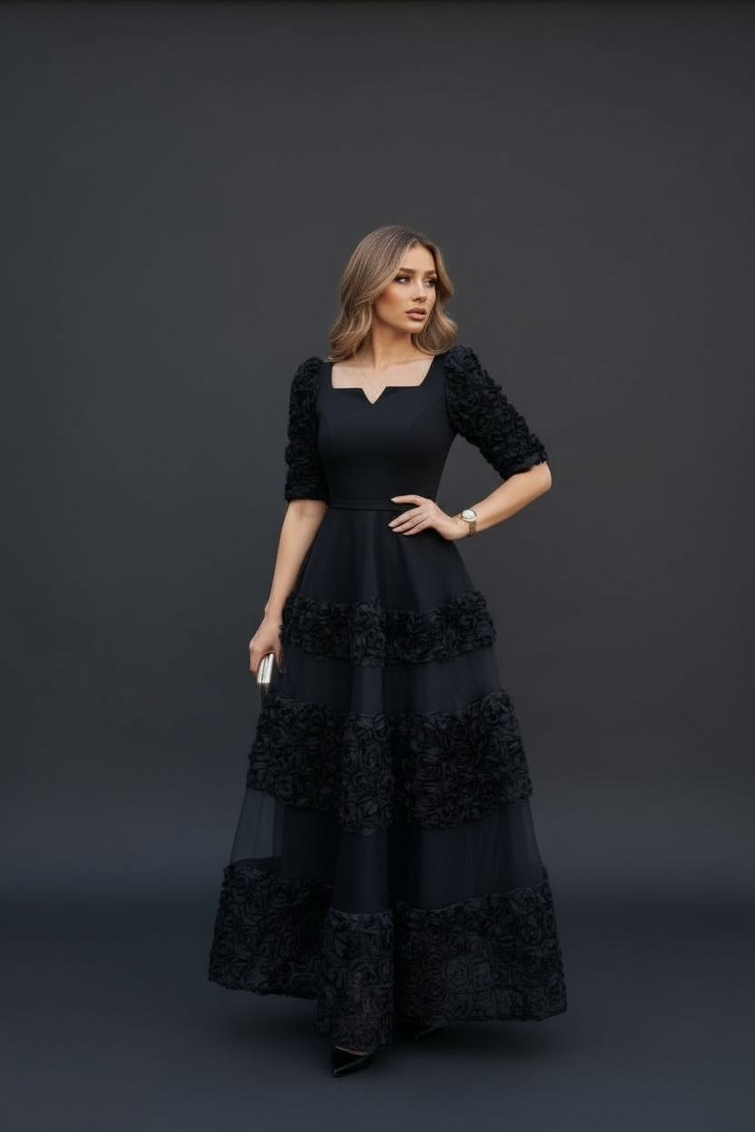 Behcetti Italia Elegant Black Tiered Evening Gown with Textured Floral Accents