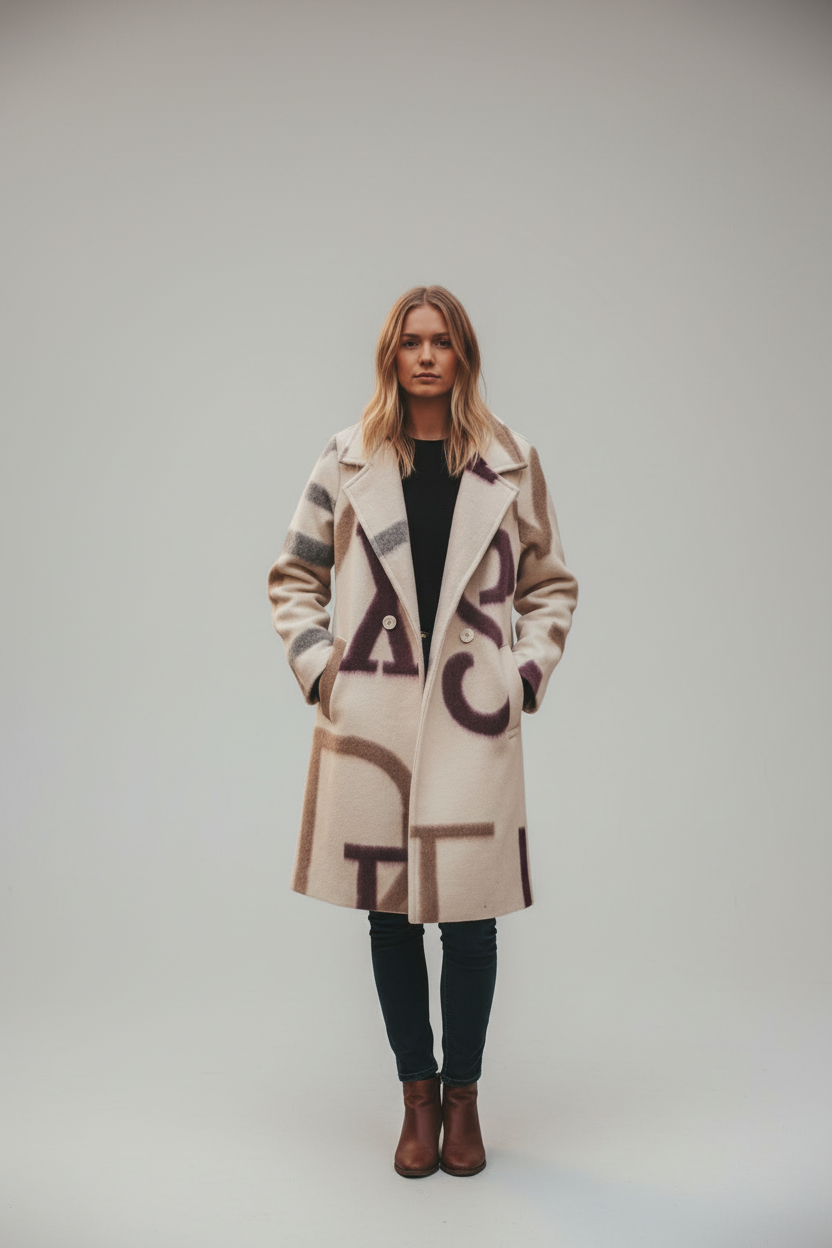 Modern Coat with Oversized Letter Print Made In Italy