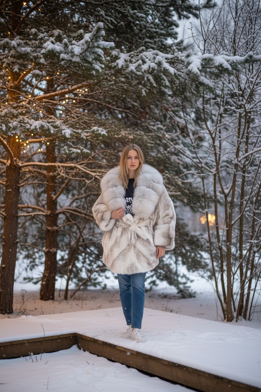 Plush Natural Fox Fur Coat Poncho with Oversized Collar – Elegant Winter Outerwear Made in Turkey