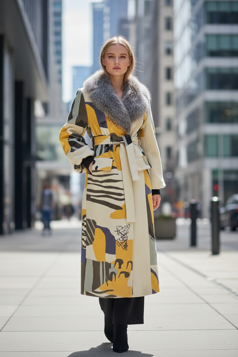 Luxury Patchwork Wool Coat with Natural Fur Collar – Statement Outerwear