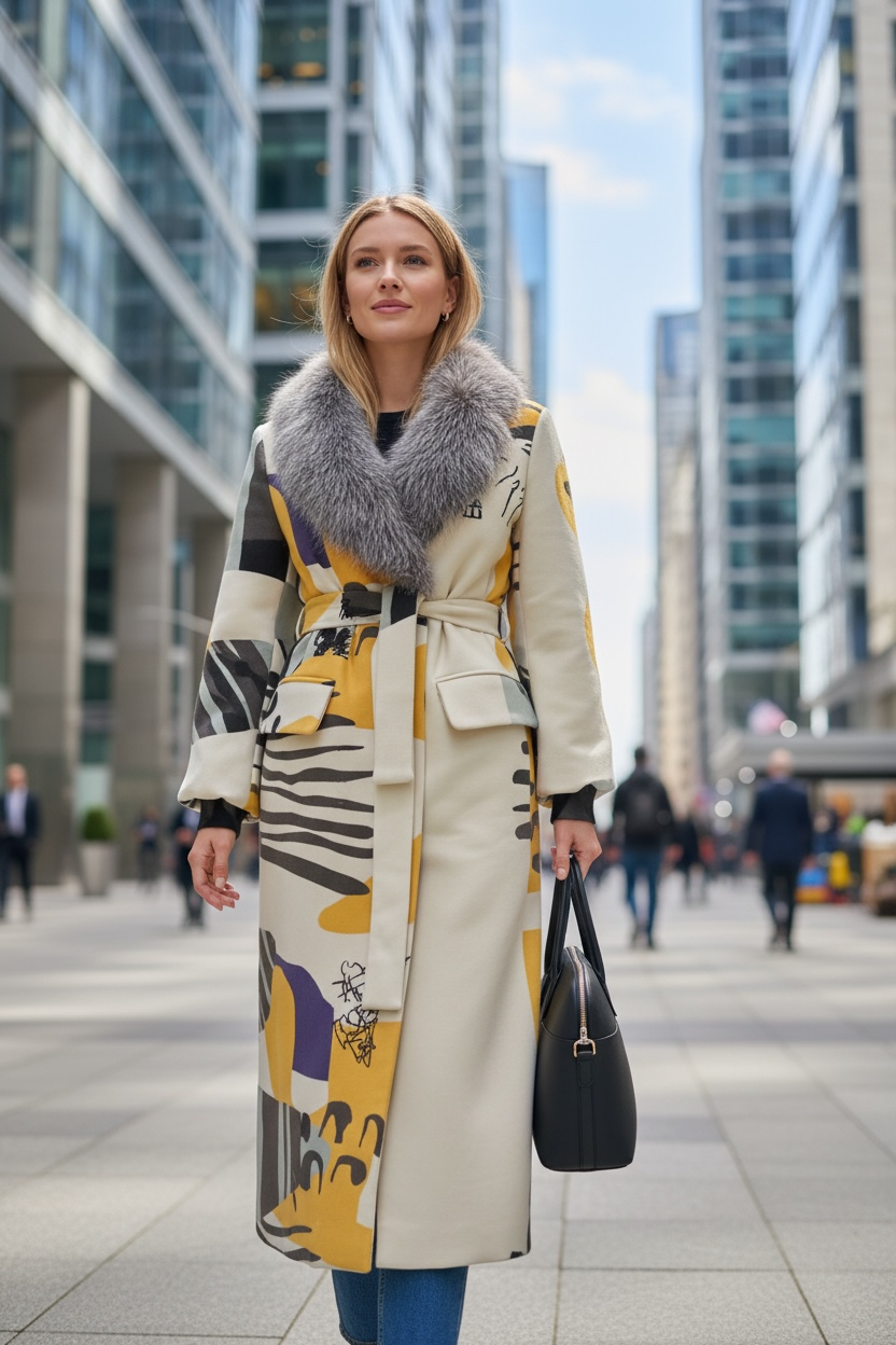 Luxury Patchwork Wool Coat with Natural Fur Collar – Statement Outerwear