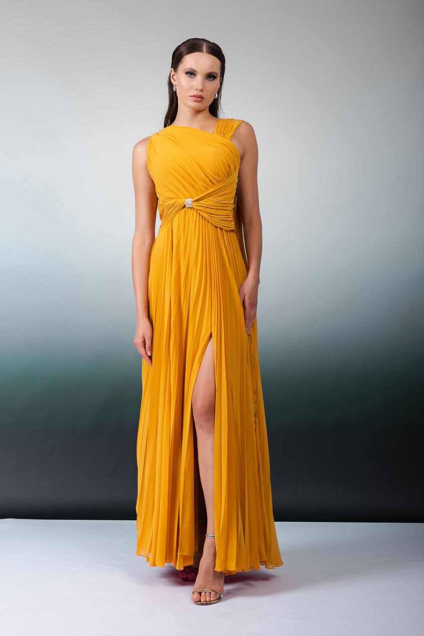 Odrella Mustard Yellow Evening Gown with Front Slit and Waist Detail