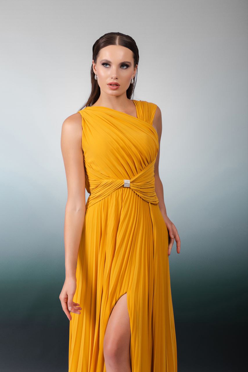 Odrella Mustard Yellow Evening Gown with Front Slit and Waist Detail