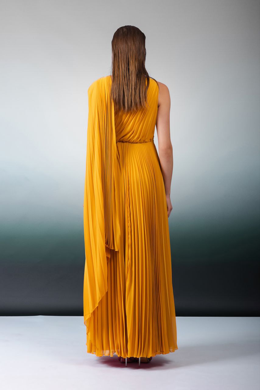 Odrella Mustard Yellow Evening Gown with Front Slit and Waist Detail