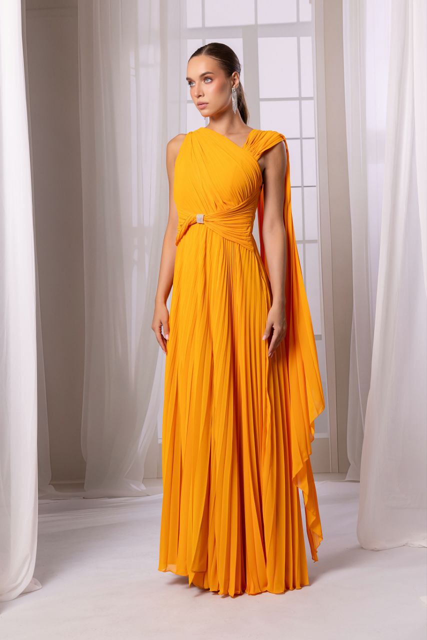Odrella Mustard Yellow Evening Gown with Front Slit and Waist Detail