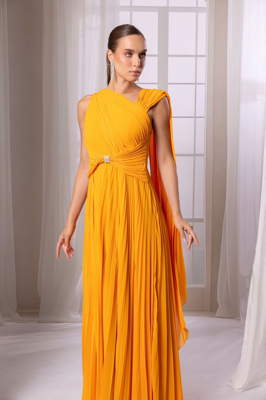 Odrella Mustard Yellow Evening Gown with Front Slit and Waist Detail