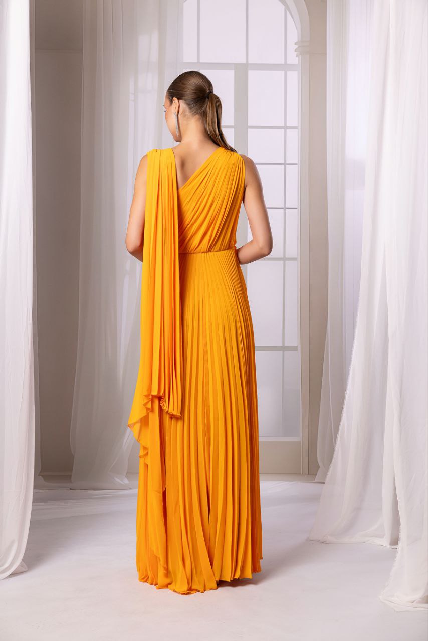 Odrella Mustard Yellow Evening Gown with Front Slit and Waist Detail
