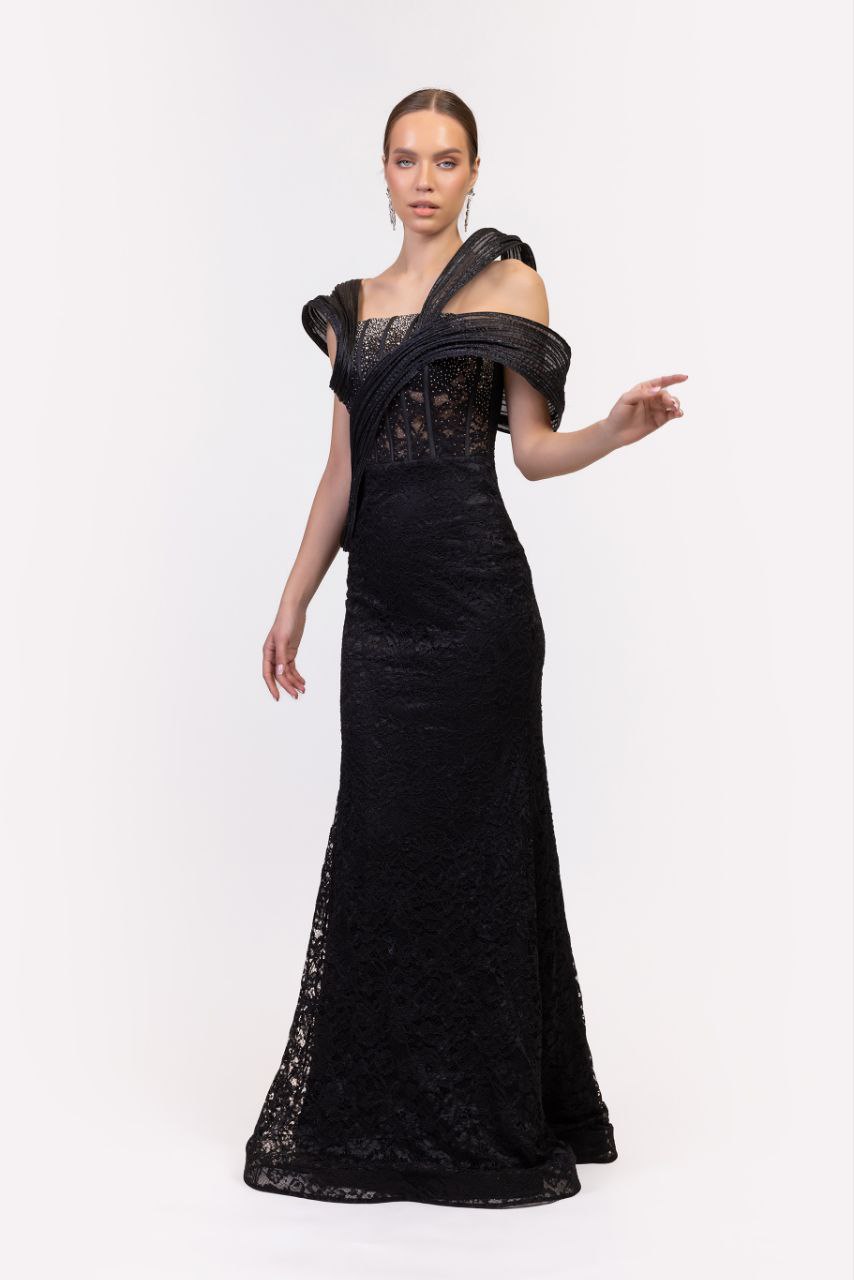 Odrella Black Off-Shoulder Lace Evening Gown with Sheer Bodice and Floor-Length Design