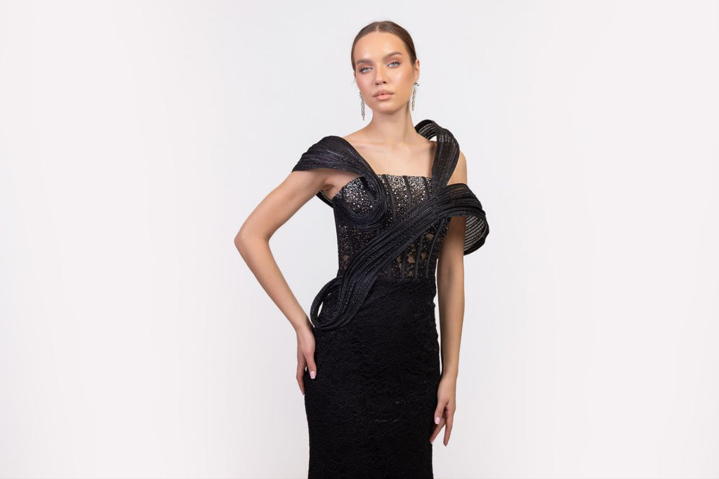 Odrella Black Off-Shoulder Lace Evening Gown with Sheer Bodice and Floor-Length Design