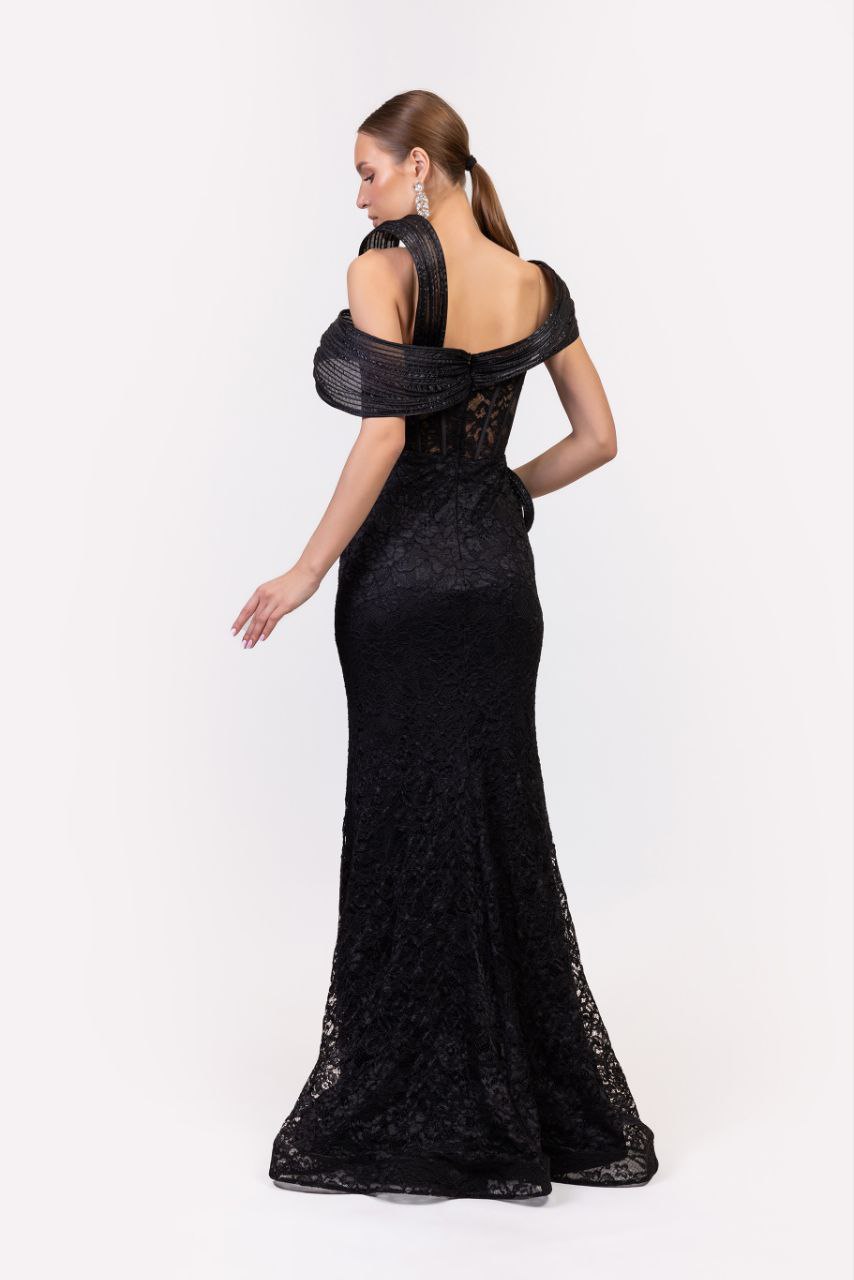 Odrella Black Off-Shoulder Lace Evening Gown with Sheer Bodice and Floor-Length Design