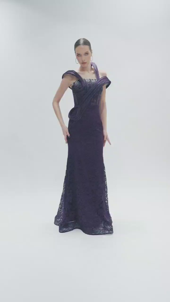 Odrella Black Off-Shoulder Lace Evening Gown with Sheer Bodice and Floor-Length Design