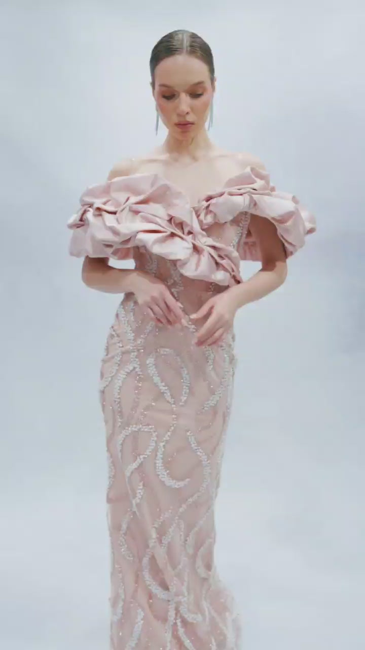 Odrella Champagne Off-the-Shoulder Gown with Sculptural Ruffle & Silver Embellishments