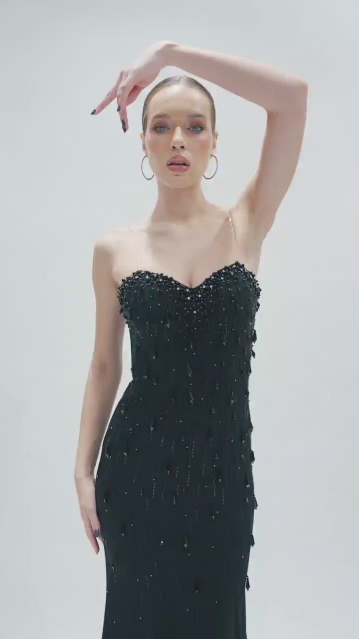 Odrella Strapless Magenta Gown with Sweetheart Neckline & Cascading Beadwork