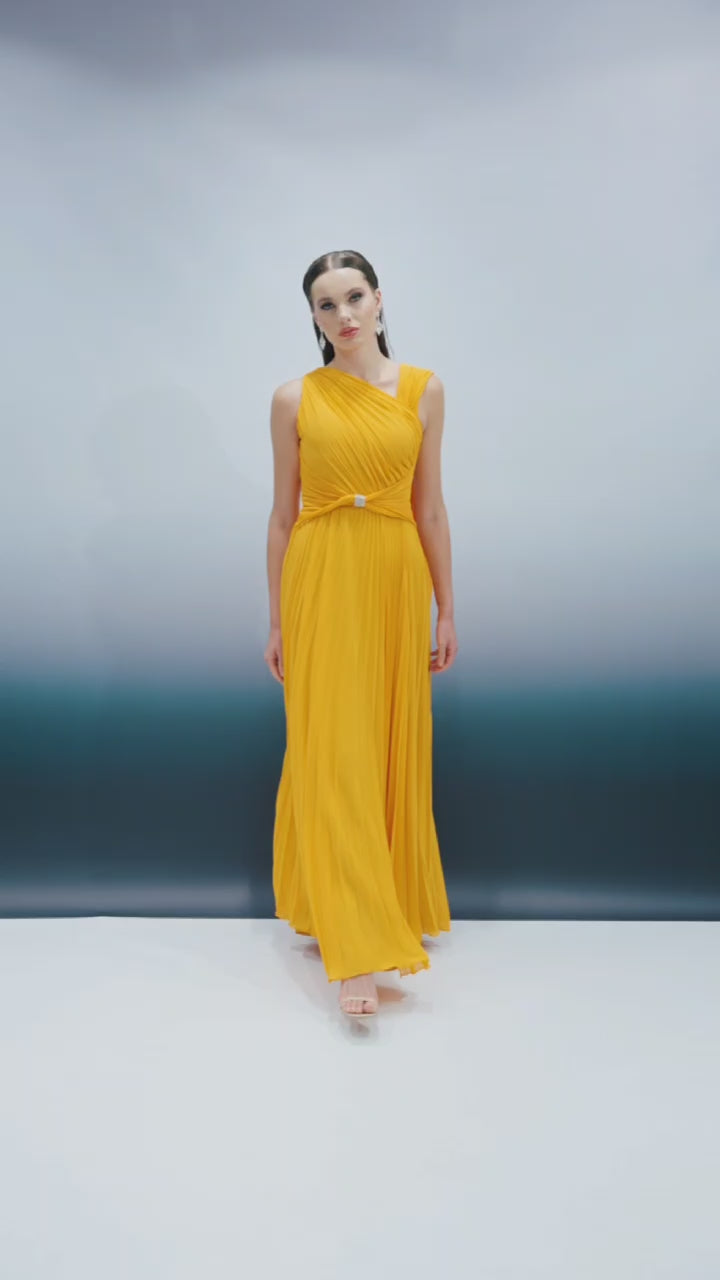Odrella Mustard Yellow Evening Gown with Front Slit and Waist Detail