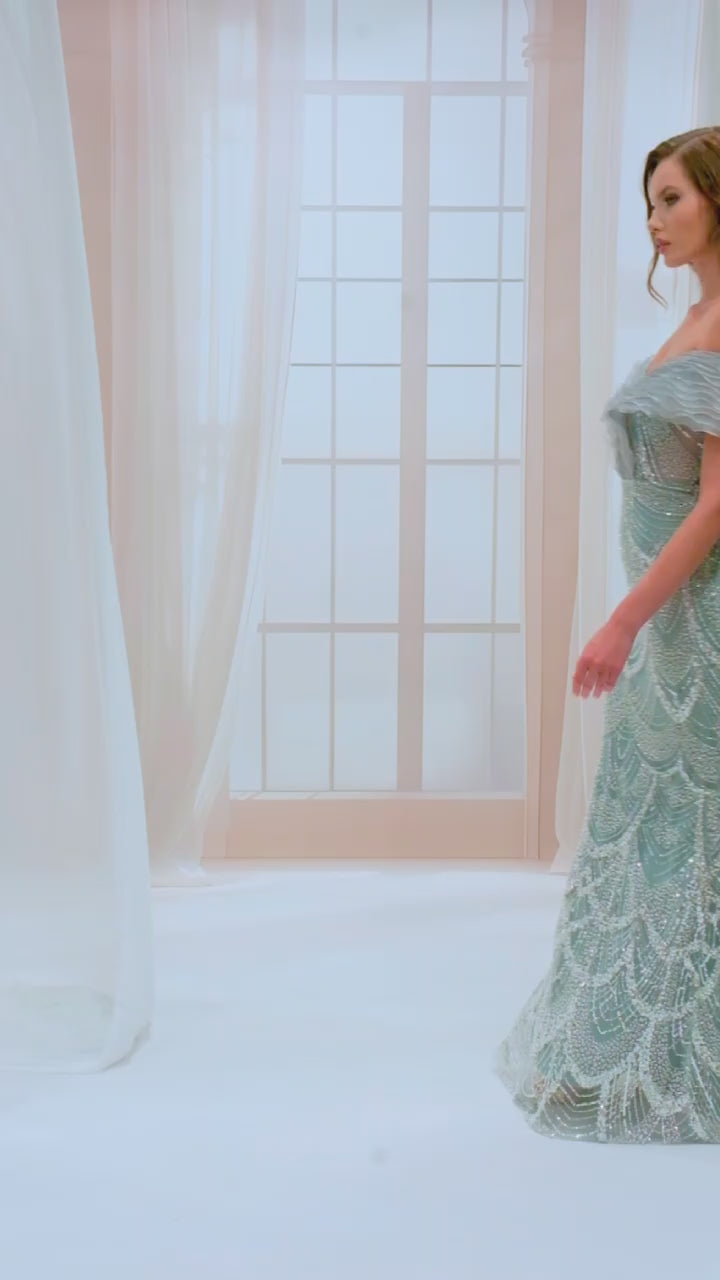 Odrella Off-the-Shoulder Embellished Silver Gown